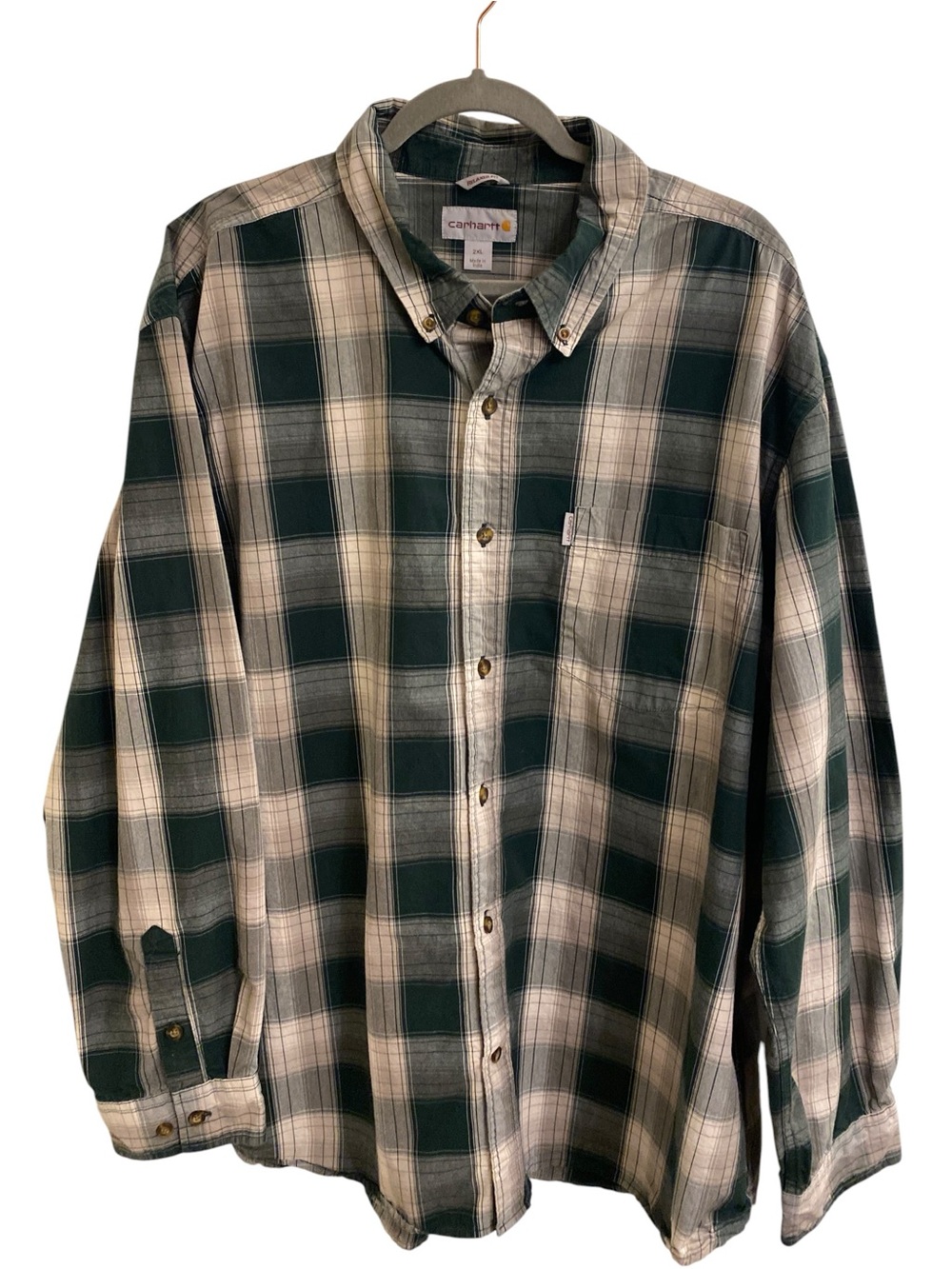 VINTAGE CARHARTT Y2K Men's Dark Green Plaid Button-Down Shirt 2XL Oversized Warm